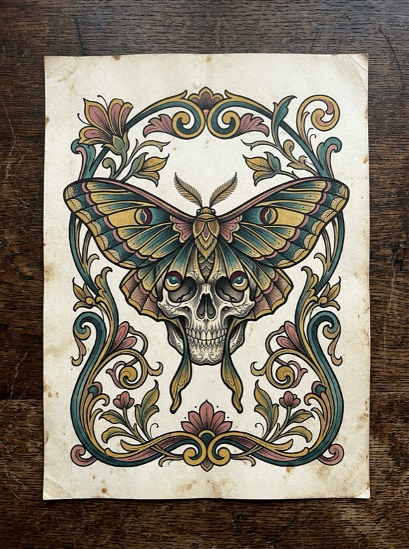 Hannya mask inked in Japanese irezumi style with flowing clouds behind it.