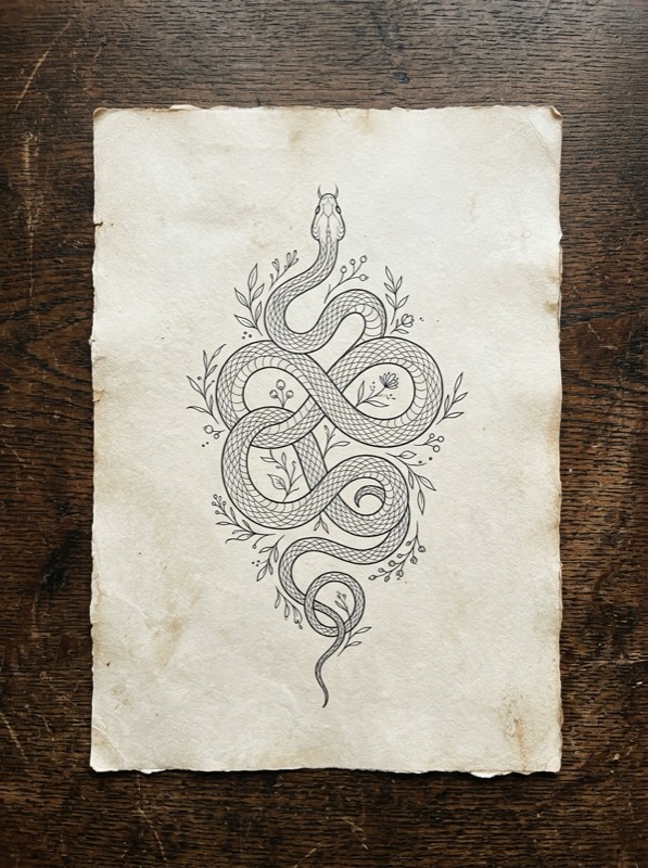 Fine-line snake coiled around wrist