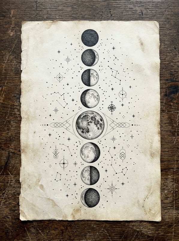 Dotwork moon phases spine tattoo