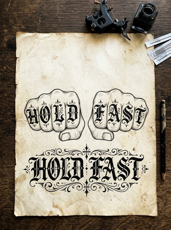 Sailor script hold fast knuckles tattoo