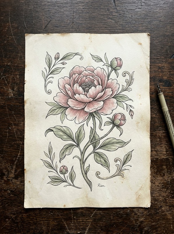 Botanical peony ribcage tattoo