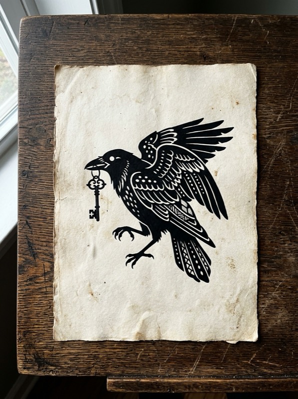 Blackwork crow silhouette with a solid key shape.