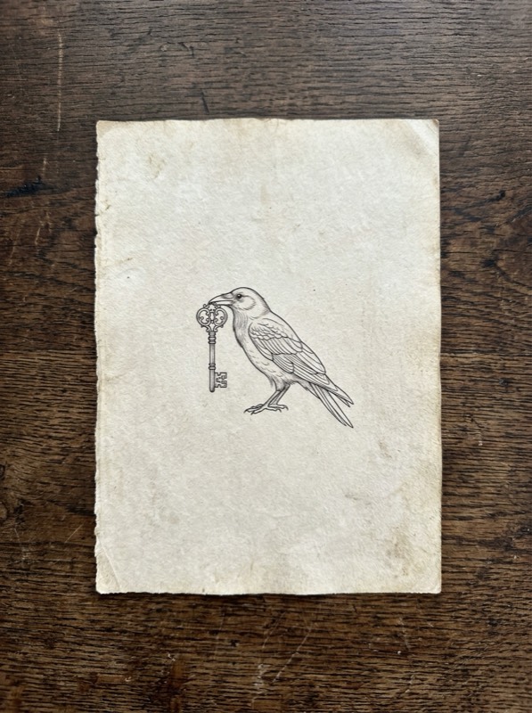 Fine-line crow on a branch with a tiny key dangling from its beak.