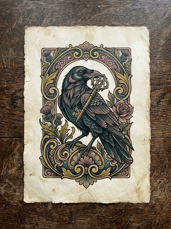 Dotwork crow with a key built from stippled shadows.