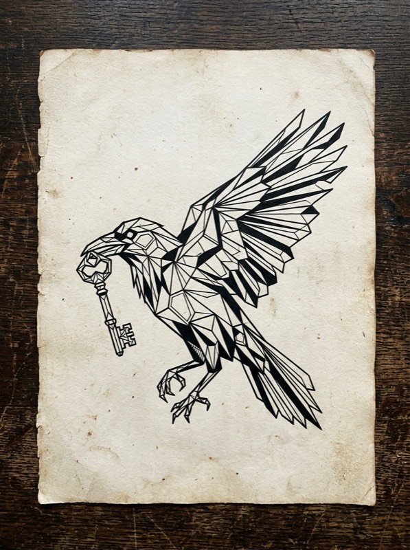 Traditional American style crow with red eye and thick outline.