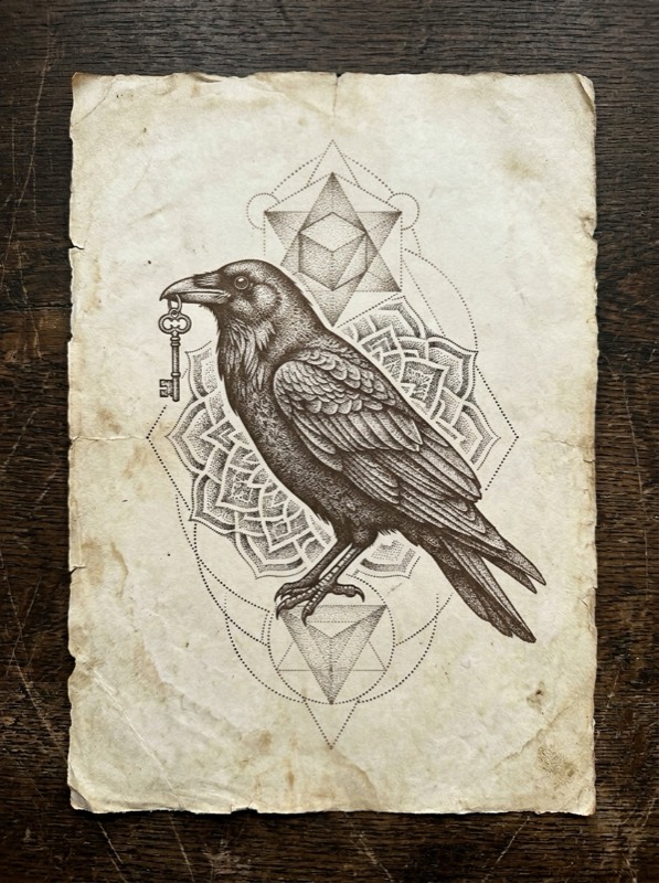 Geometric crow composed of triangles with a key made of straight lines.